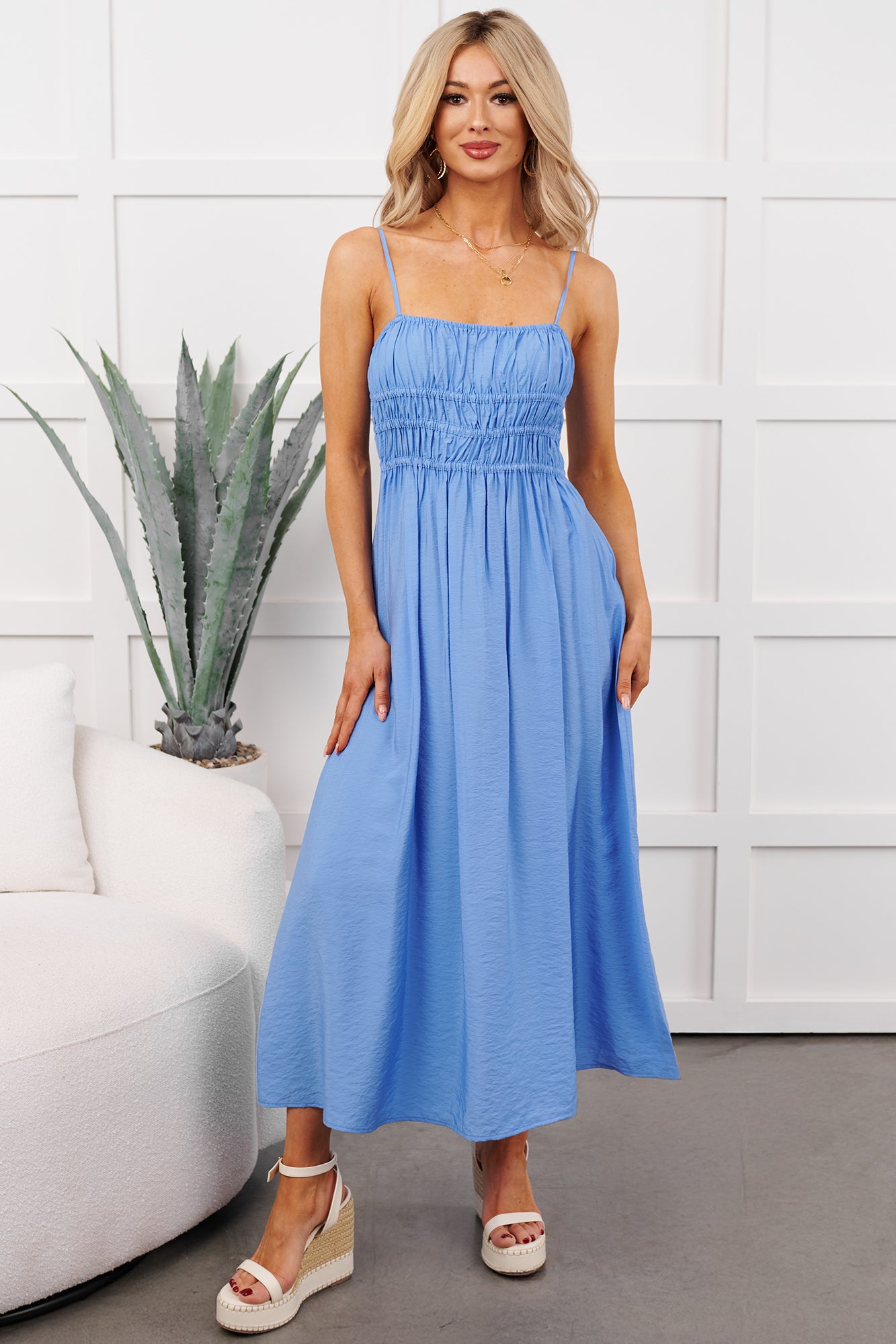 smocked sleeveless midi dress Women's Major Flirt Sleeveless Smocked Midi Dress in Blue