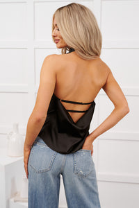 A Couple Minutes Satin Open Back Halter Top (Black) - NanaMacs