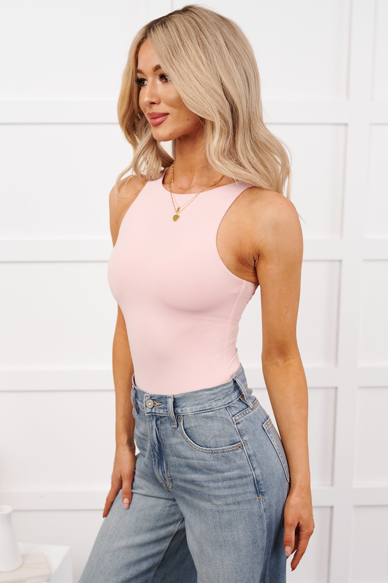 Light Routine Sleeveless Solid Bodysuit (Chalk Pink) - NanaMacs