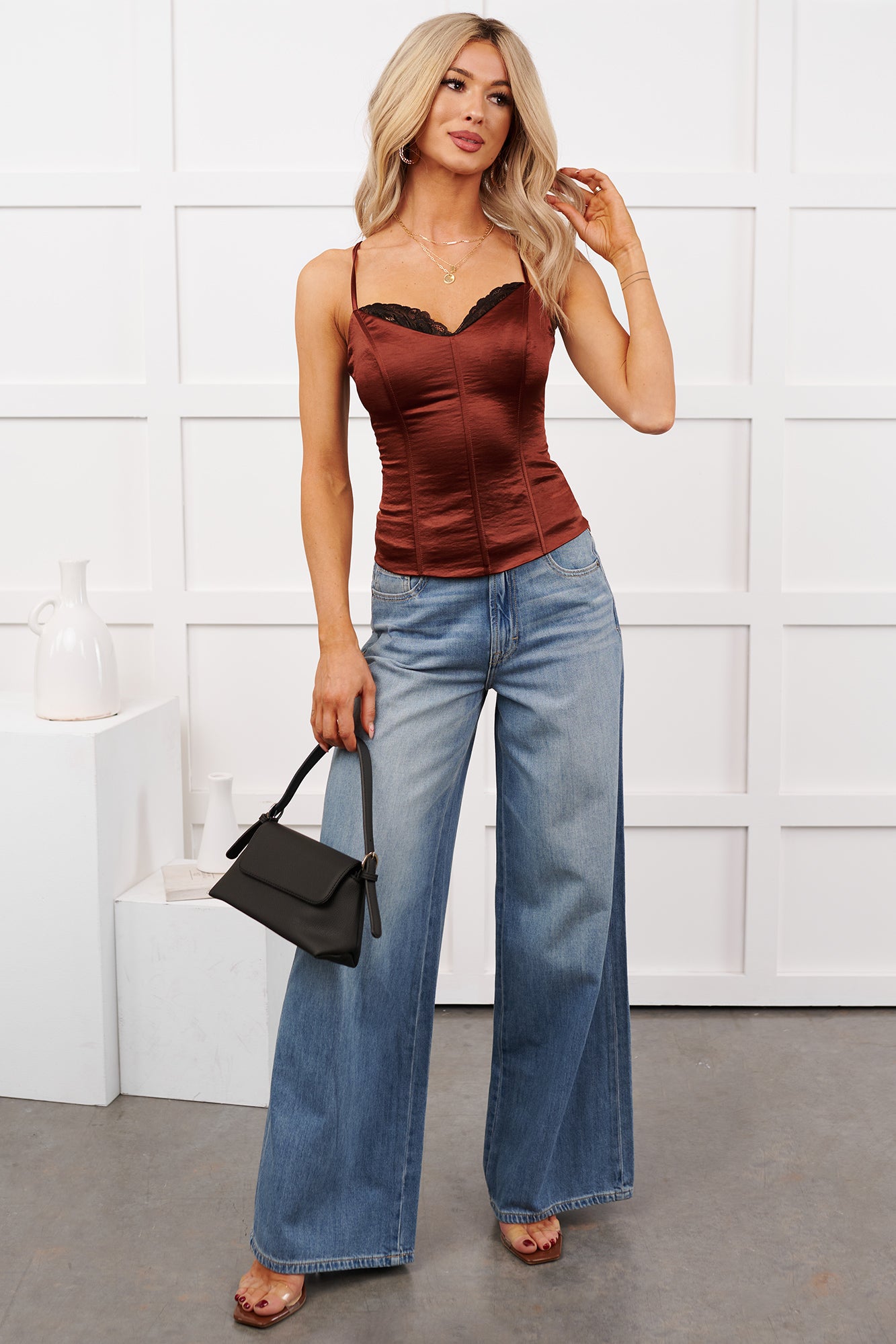 Keep Posted Sleeveless Satin Corset Top (Chocolate) · NanaMacs