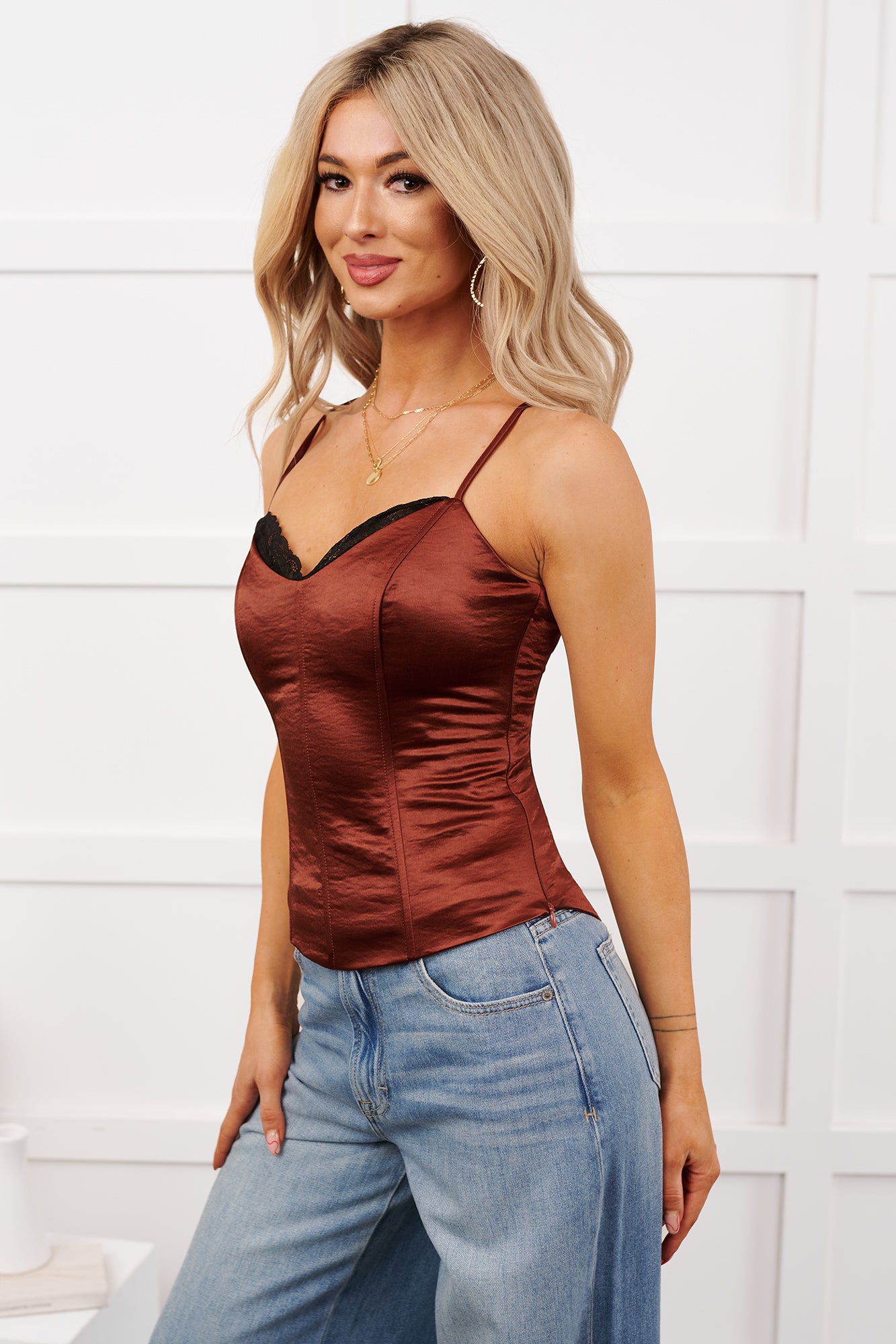 Keep Posted Sleeveless Satin Corset Top (Chocolate) - NanaMacs