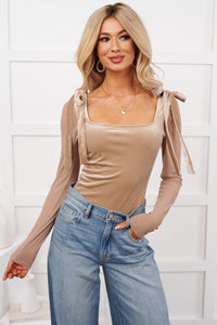 Luxe Mentality Sheer Sleeve Velvet Bodysuit (Coffee) - NanaMacs