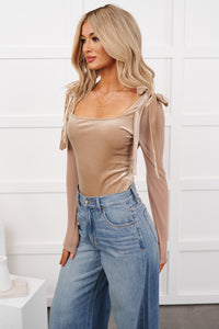 Luxe Mentality Sheer Sleeve Velvet Bodysuit (Coffee) - NanaMacs