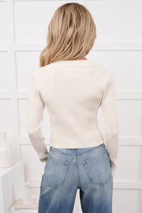 Half Serious Long Sleeve Ribbed Knit Polo Top (Ivory)