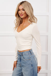 Daily Rhythm Long Sleeve V Neck Crop Top (Ivory)