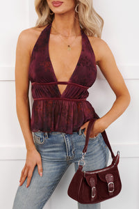 Over The Top Halter Floral Peplum Top (Burgundy) - NanaMacs