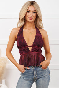 Over The Top Halter Floral Peplum Top (Burgundy) - NanaMacs