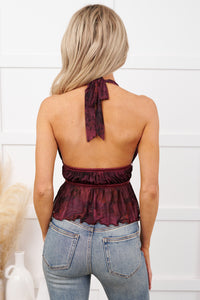Over The Top Halter Floral Peplum Top (Burgundy) - NanaMacs
