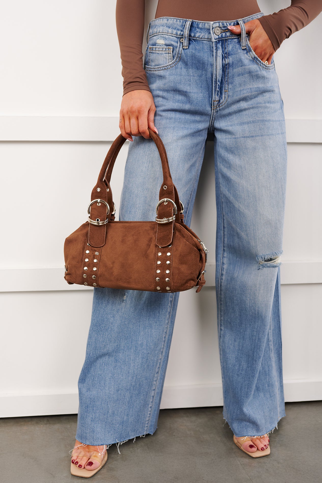 Fierce Calm Studded Faux Suede Bag (Dark Brown) - NanaMacs