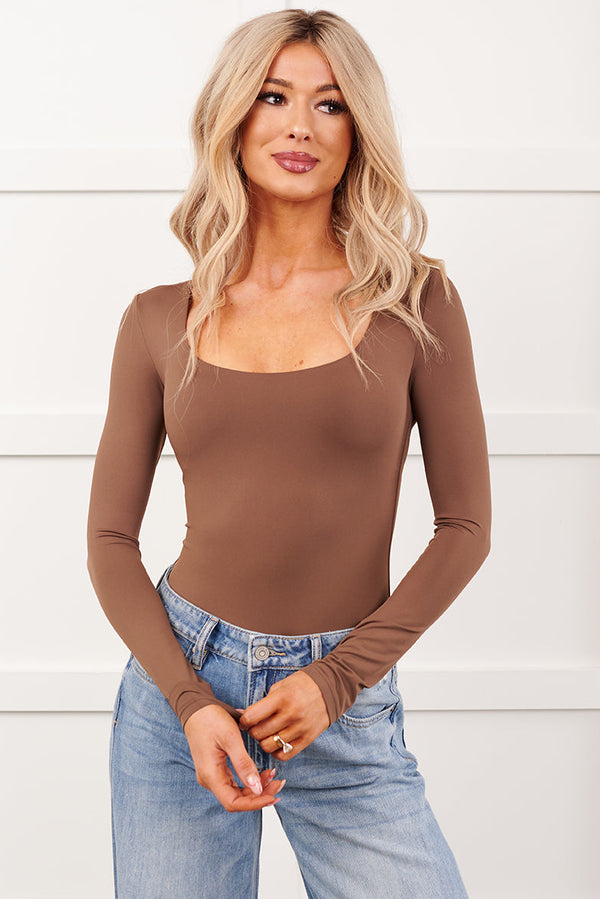 Daily Rhythm Long Sleeve V Neck Crop Top (Mocha)
