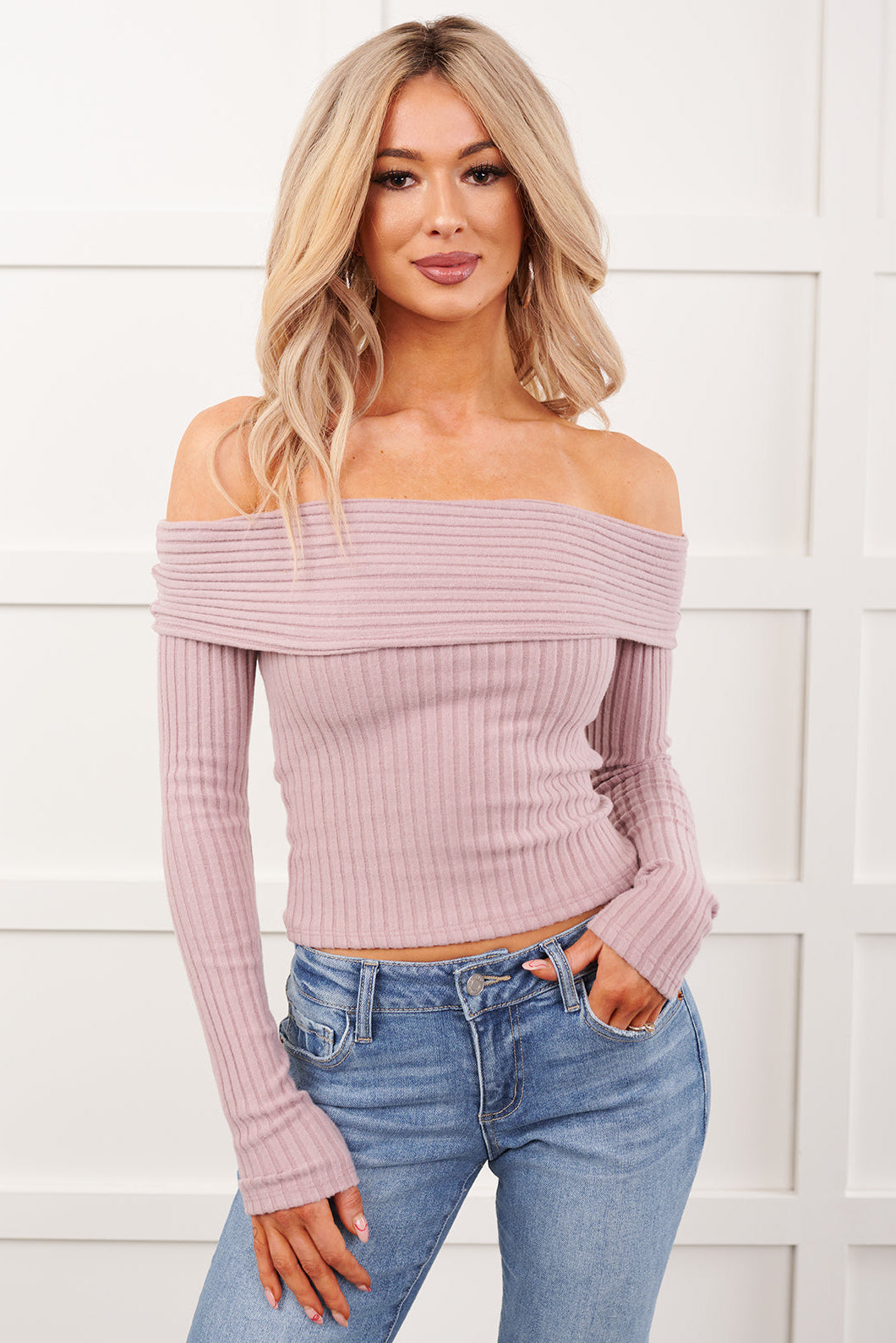 Risk It All Off-The Shoulder Ribbed Top (Elderberry)