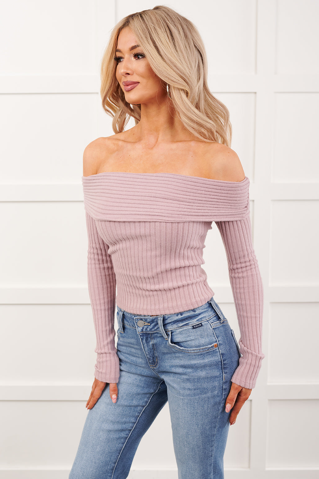 Risk It All Off-The Shoulder Ribbed Top (Elderberry)