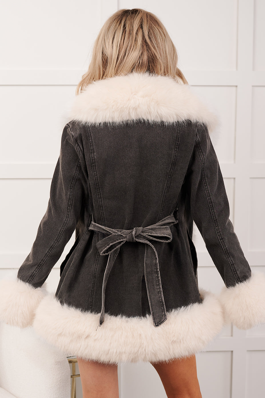Ever So Chic Fur Trim Denim Jacket (Washed Black)