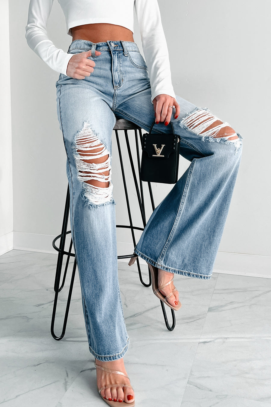 Kyra High Rise Distressed Wide Leg Sneak Peek Jeans (Medium Light) - NanaMacs
