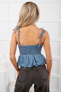 Over The Moon Floral Bubble Hem Top (Denim/White) - NanaMacs