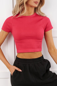 Best Of Luck Ribbed Short Sleeve Crop Top (Viva Magenta) - NanaMacs