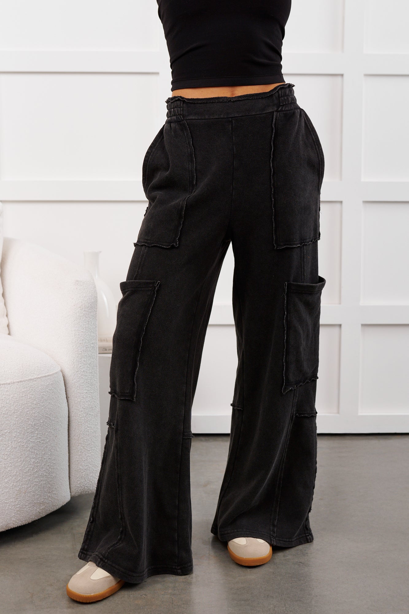 Mellow Hours Cargo Wide Leg Lounge Pants (Black)