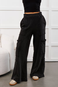 Mellow Hours Cargo Wide Leg Lounge Pants (Black)