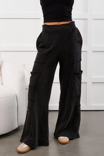 Mellow Hours Cargo Wide Leg Lounge Pants (Black)
