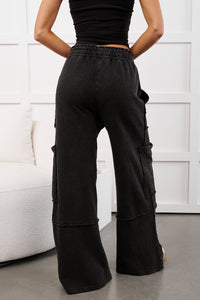 Mellow Hours Cargo Wide Leg Lounge Pants (Black)