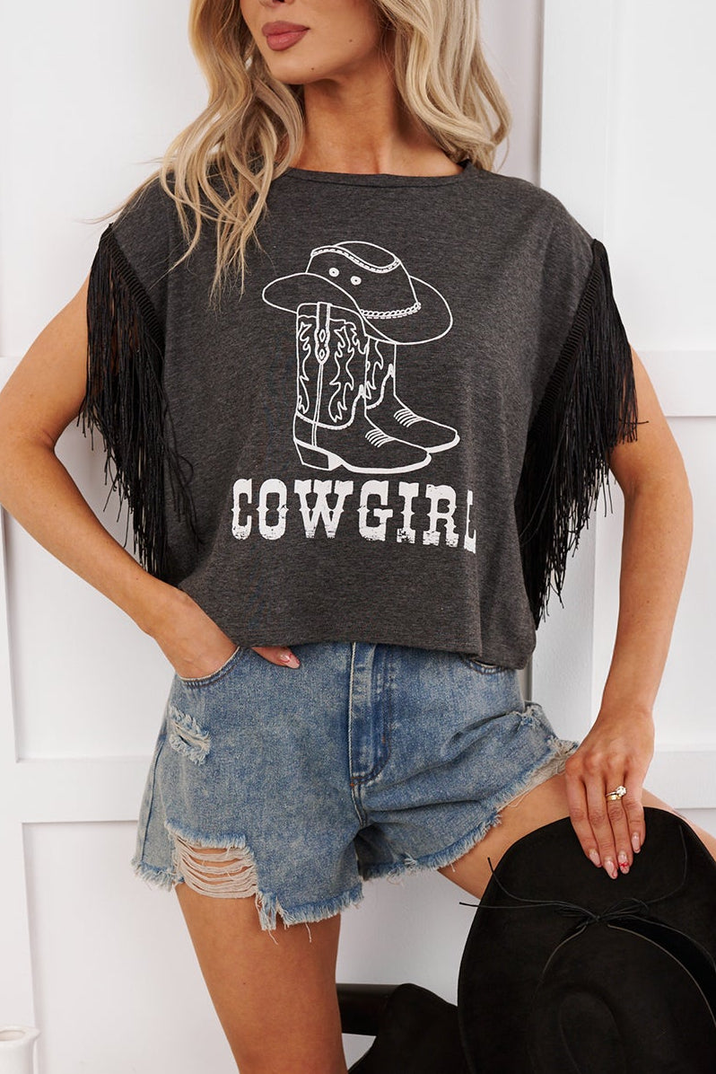 Hit The Trail Fringed Sleeve Cowgirl Graphic Shirt (Charcoal)
