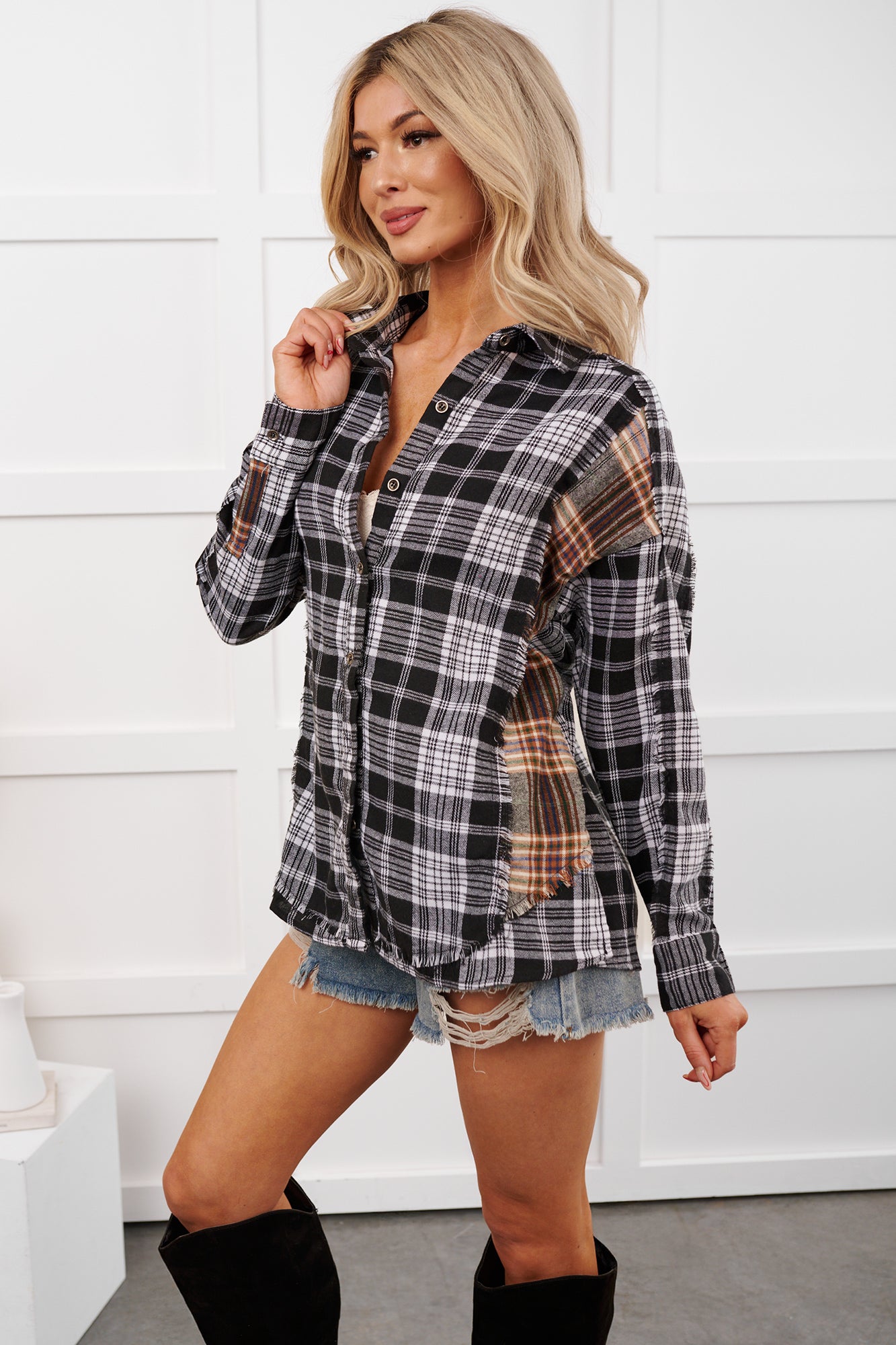 In Unfamiliar Territory Mixed Plaid Button-Up Shirt (Black)