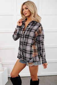 In Unfamiliar Territory Mixed Plaid Button-Up Shirt (Black)
