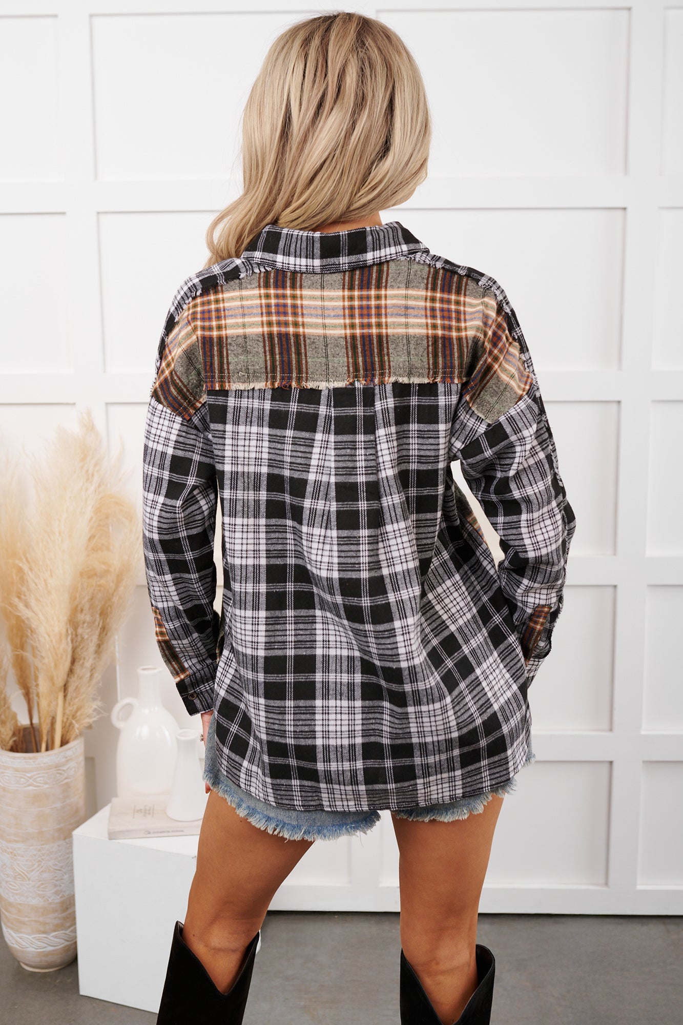 In Unfamiliar Territory Mixed Plaid Button-Up Shirt (Black)