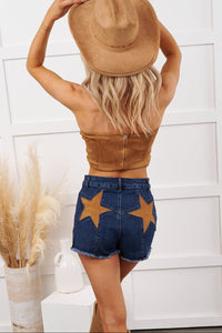 Act Confident Star Detailed Denim Shorts (Dark Denim/Tan) - NanaMacs