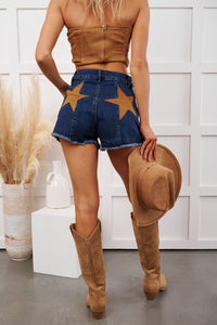 Act Confident Star Detailed Denim Shorts (Dark Denim/Tan) - NanaMacs