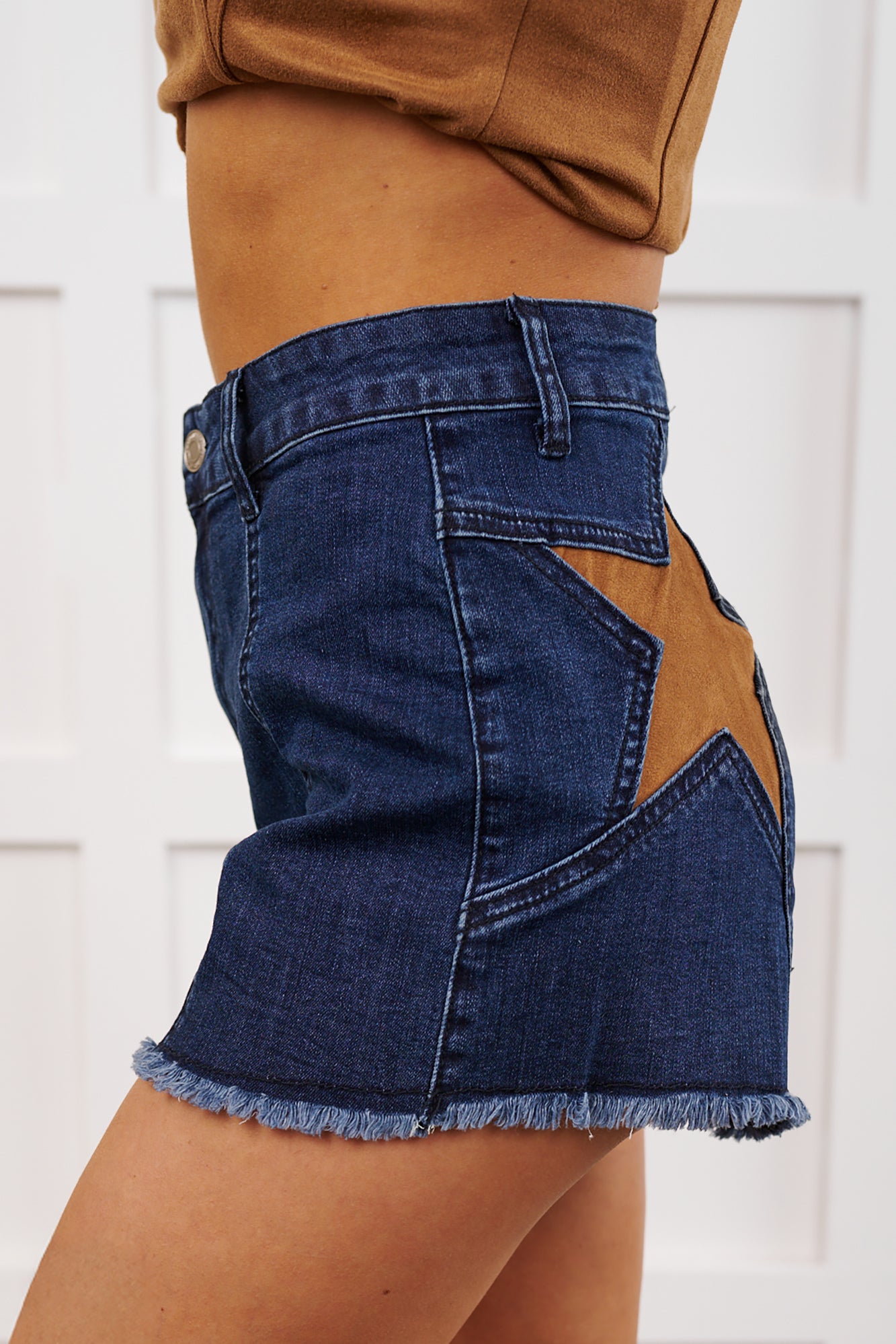Act Confident Star Detailed Denim Shorts (Dark Denim/Tan) - NanaMacs