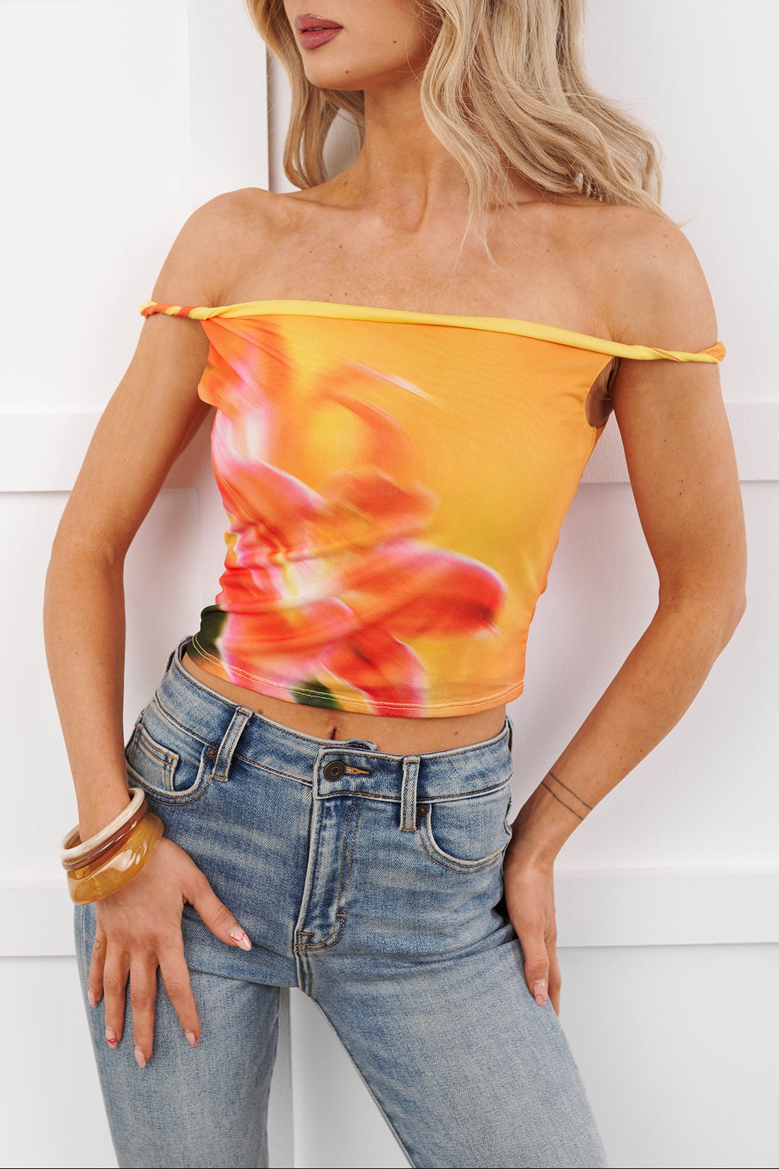 Easy Mood Sleeveless Cowl Crop Top (Orange/Multi) - NanaMacs
