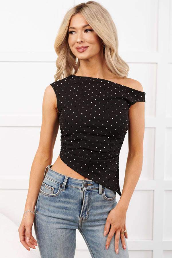 Girlish Glee One Shoulder Polka-Dot Top (Black/Ivory) - NanaMacs