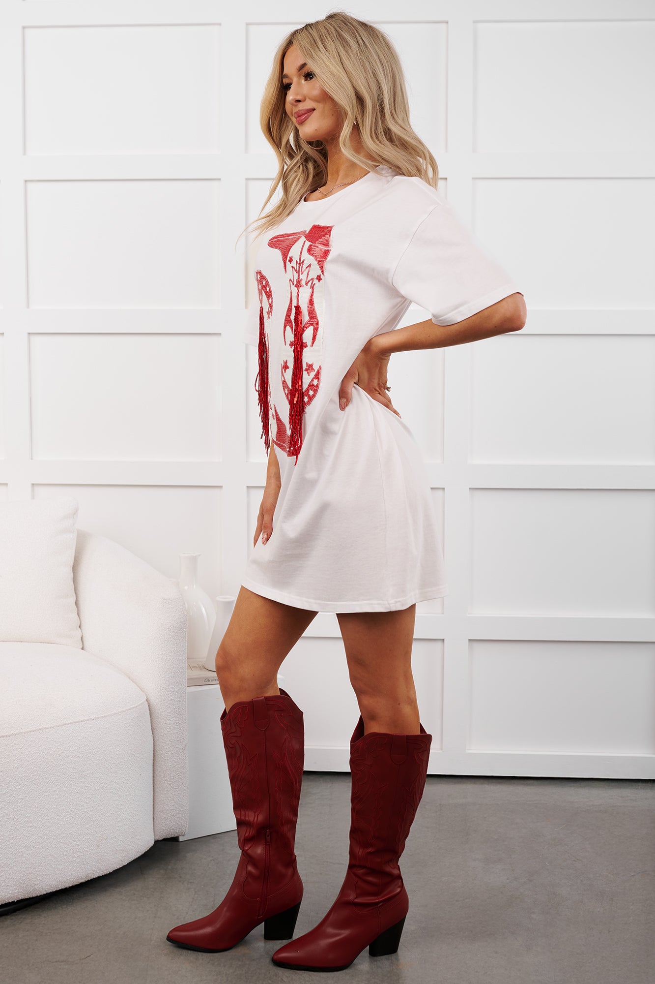 Rhinestone Rodeo Sequin Cowboy Boots T-Shirt Dress (White)