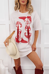 Rhinestone Rodeo Sequin Cowboy Boots T-Shirt Dress (White)