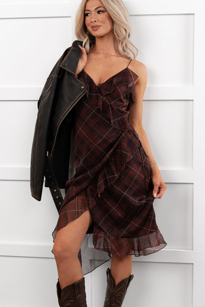 Lovely Things Sleeveless Plaid Midi Dress (Wine)