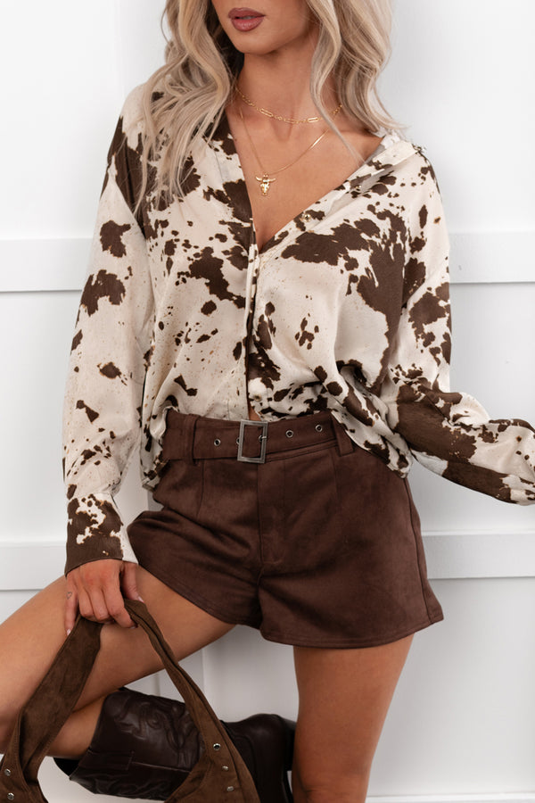 Dirt Road Darling Cow Print Satin Blouse (Brown) - NanaMacs