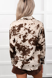 Dirt Road Darling Cow Print Satin Blouse (Brown) - NanaMacs