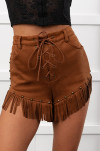 Cider & Stars Faux Suede Fringe Detail Shorts (Camel) - NanaMacs