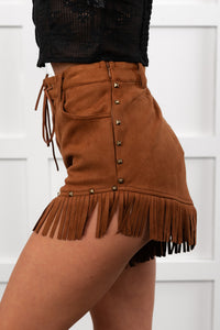 Cider & Stars Faux Suede Fringe Detail Shorts (Camel) - NanaMacs