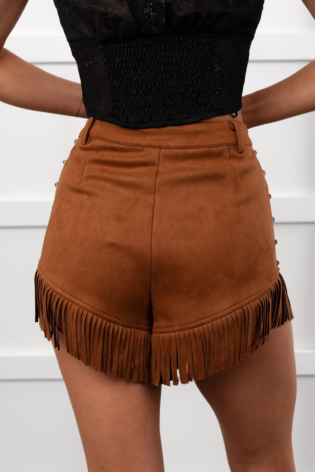 Cider & Stars Faux Suede Fringe Detail Shorts (Camel) - NanaMacs