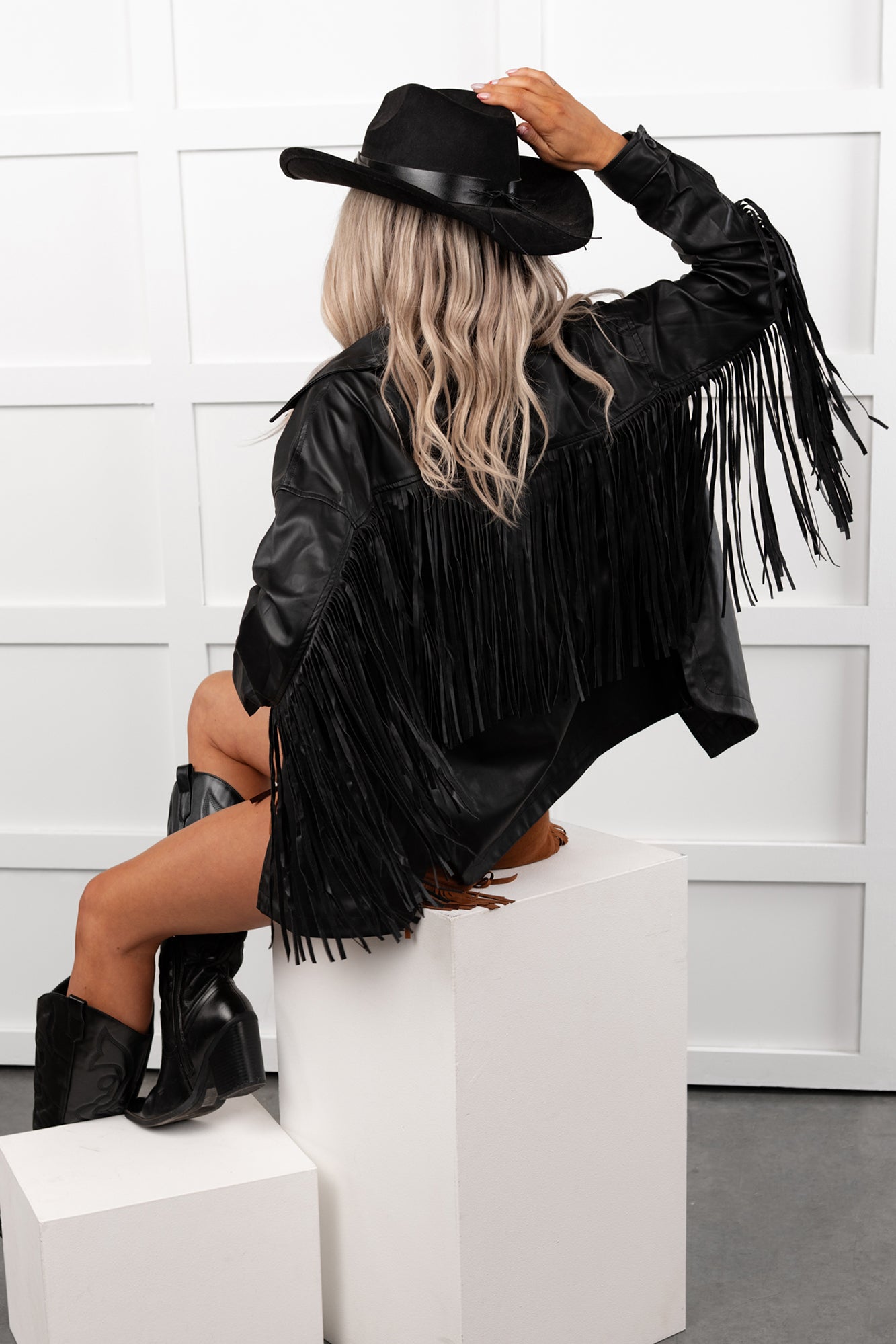 Wild West Whimsy Fringe Faux Leather Jacket (Black)