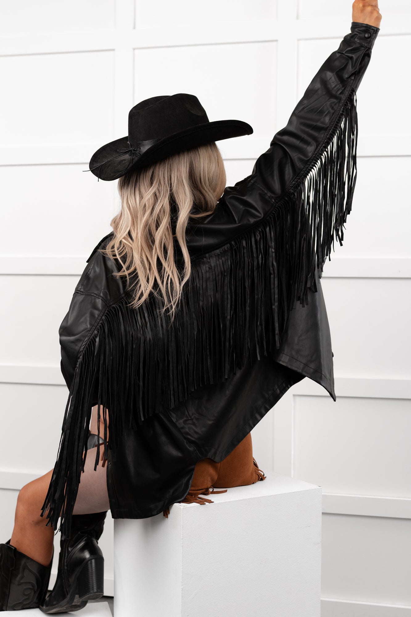 Wild West Whimsy Fringe Faux Leather Jacket (Black)