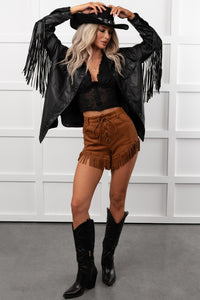 Wild West Whimsy Fringe Faux Leather Jacket (Black)