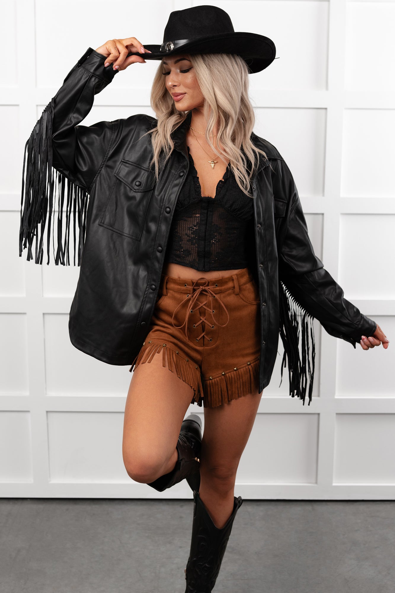 Wild West Whimsy Fringe Faux Leather Jacket (Black)