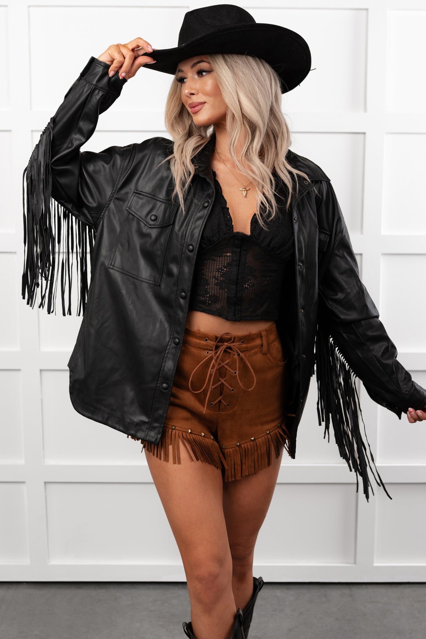 Wild West Whimsy Fringe Faux Leather Jacket (Black)
