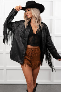 Wild West Whimsy Fringe Faux Leather Jacket (Black)