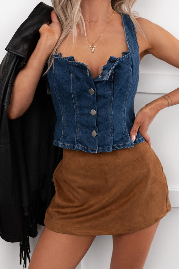 End Of Beginning Pleated Denim Tank Top (Denim)