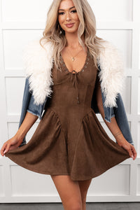 Coy Crush Halter Faux Suede Mini Dress (Chocolate) - NanaMacs