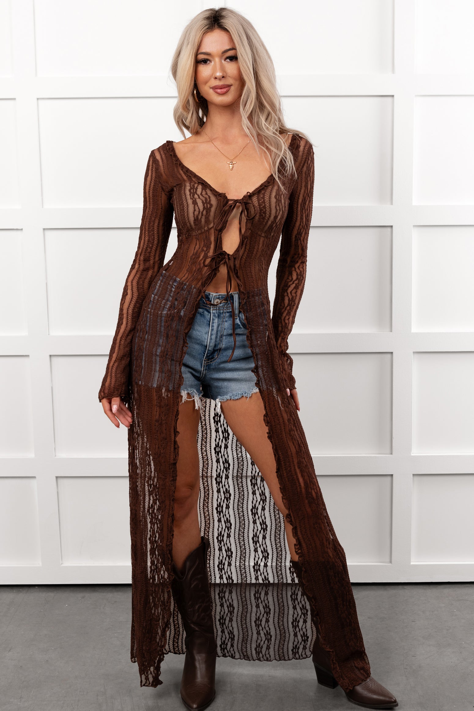 Boho Chic Behavior Lace Duster Cardigan (Brown) - NanaMacs